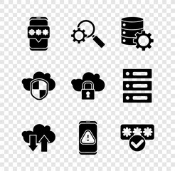 Wall Mural - Set Mobile and password, Magnifying glass gear, Server, Cloud download upload, with exclamation mark, Password protection, shield and computing lock icon. Vector