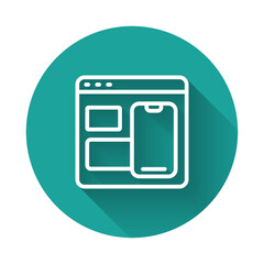 Wall Mural - White line Software, web developer programming code icon isolated with long shadow background. Javascript computer script random parts of program code. Green circle button. Vector