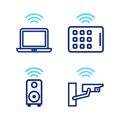 Wall Mural - set line smart security camera, stereo speaker, wireless tablet and laptop icon. vector