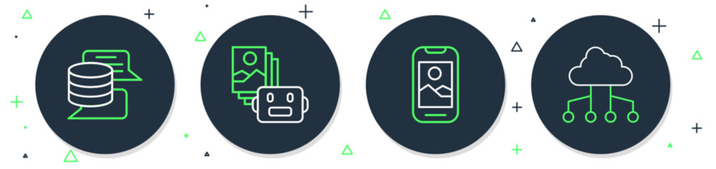 Wall Mural - Set line Artificial intelligence robot, Mobile phone, Server, Data and Network cloud connection icon. Vector