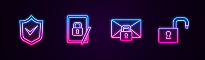 Wall Mural - Set line Shield with check mark, Tablet closed padlock, Mail message password and Open. Glowing neon icon. Vector