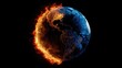 © Mutia - Half-Earth aflame, half-cool.  Global warming visualized.  Fiery, burning half contrasted with the blue-toned, cooler half
