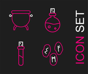 Wall Mural - Set line Magic runes, Bottle with love potion, and Witch cauldron icon. Vector