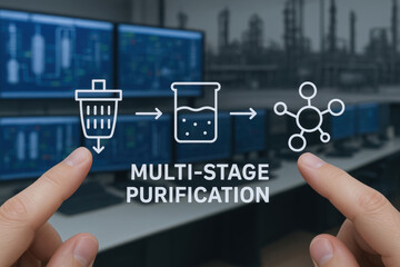 Hand pointing at digital waste purification technology interface displaying multi stage treatment process for rare earth industry application