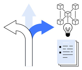 Forked pathway representing choices, lightbulb signifying ideas, network structure symbolizing connectivity, and documents for structured planning. Ideal for decision-making, innovation, creativity