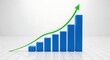 © NOVRIN - A 3D bar chart with blue columns of increasing height and a green arrow showing a positive upward trend, symbolizing growth and success.