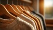 © horizon - Rack of stylish, minimalist clothing on wooden hangers, illuminated by warm, golden light streaming through a window. Focus is on natural fabrics in a neutral palette.