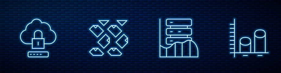 Wall Mural - Set line Server, Data, Web Hosting, Cloud computing lock, stream and analysis. Glowing neon icon on brick wall. Vector