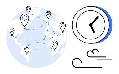 Wall Mural - Map with location markers connected by lines, clock highlighting time, and wind lines for speed. Ideal for global communication, logistics, time tracking, fast delivery, networking, efficiency