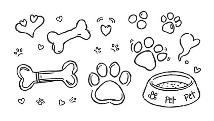 Hand drawn monoline doodle style vector illustration of pet elements dog bone paw and food bowl in black line art isolated on white background