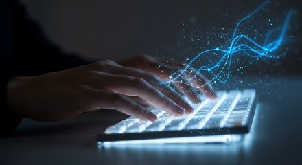 Hands Typing on Illuminated Keyboard with Abstract Blue Data Stream