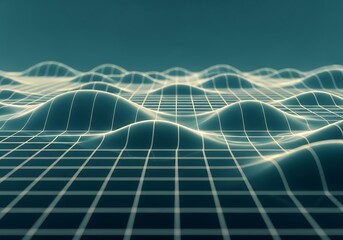 Abstract digital landscape with glowing waves and grid pattern perspective.