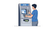 © Arsaka  Saka - An illustration showcasing a young individual at an ATM using a credit card to withdraw money in cash transaction illustration