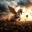 © bajita111122 - Warhorse in golden armor, galloping through a storm, 3D illustration