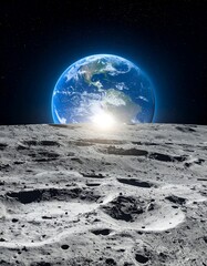 Earthrise view from lunar surface, sunlit Earth above cratered moonscape