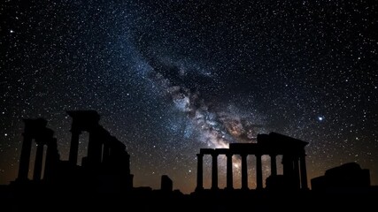 Wall Mural - a dense starfield glides majestically across the night sky above ancient, silhouetted ruins galaxy, 