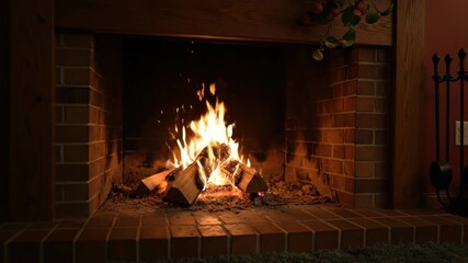 Sticker - a crackling fireplace brings warmth and light to a cozy, dimly lit room, creating a peaceful atmosph