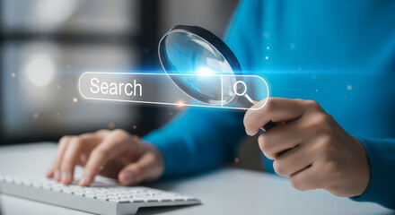 Searching for information on the internet person using a magnifying glass to search for information online