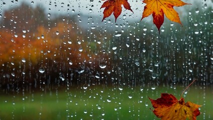 Wall Mural - A close-up view of a rain-soaked window with droplets of water clinging to the glass and vibrant red orange and yellow fallen maple leaves. Rainy autumn fall weather season background illustration.	