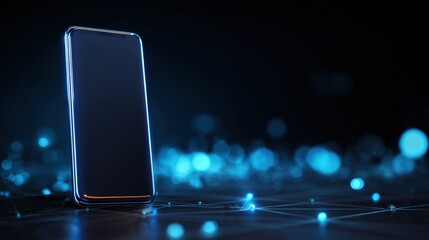 Smartphone on technology background. Neon glowing mobile phone on abstract dark background. Futuristic network connection