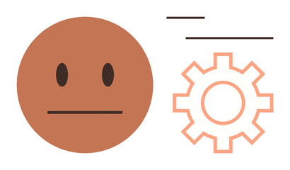 Neutral face next to gear and lines symbolizing emotional state, decision-making, and system processes. Ideal for psychology, workflow, automation, mental health, technology, human-machine