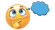 © sitiprapti - A yellow emoji with blue eyes and rosy cheeks, looking up and to the side with a finger on its chin, in a thinking pose, with a blue thought bubble next to it, isolated on white background