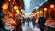 © Beniamin - Festive winter market with young caucasian woman shopping amidst holiday lights and snow