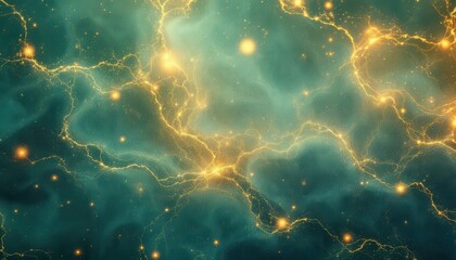 Wall Mural - Abstract cosmic energy with glowing golden lines and teal nebula.