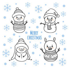Wall Mural - set of cartoon christmas snowman in doodle style. Funny snowman wearing hat, scarf on white background.  Xmas card. Vector illustration