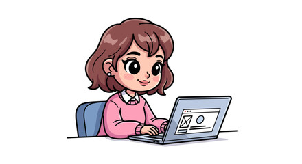 Enchanting cartoon girl engrossed in web design on her laptop creating interface meticulously
