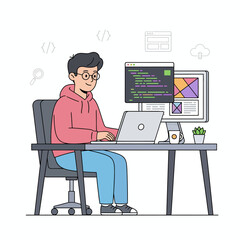 A young male web developer coding on a laptop, working on website UI and UX design.