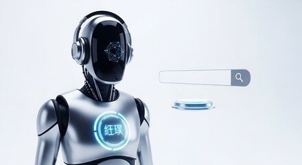Futuristic robot with searching interface, conveying advanced data analysis and information