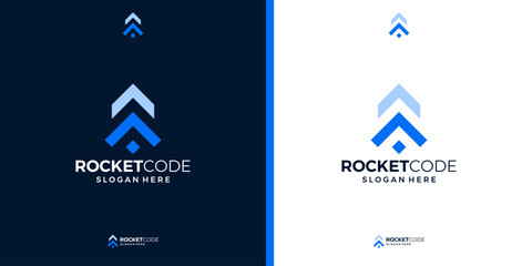 Rocket launch vector logo design with abstract shapes of programming or coding