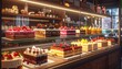 © NafiliaEmil - Assortment of artisan cakes with creative decorations displayed in a modern glass pastry shop showcase. Featuring colorful layers textured toppings and elegant presentation under warm ambient lighting