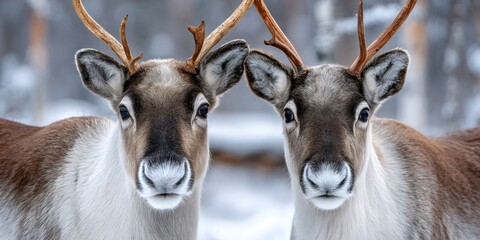 Wall Mural - reindeer group facing camera in peaceful winter landscape