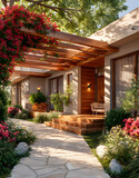 Wooden pergola covering the entrance of a modern house with beautiful garden