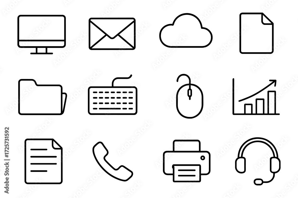 Essential office icons: minimalist line art collection for digital and ...