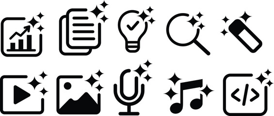 Artificial intelligence icon collection. AI generate buttons photo, video, audio, coding and more for app and website. Transparent vector illustration PNG.	