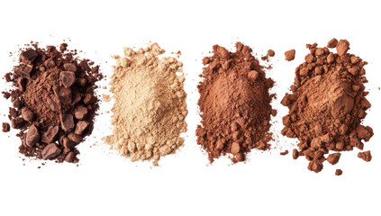 A display of various cocoa powders arranged in neat piles on a clean white background. their distinct colors and textures. ideal for culinary and baking use