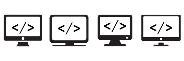 Computer Monitor with Code Symbols – Minimalist Programming and Software Development 
Vector Icon