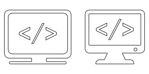 Computer Monitor with Code Symbols – Minimalist Programming and Software Development 
Vector Icon