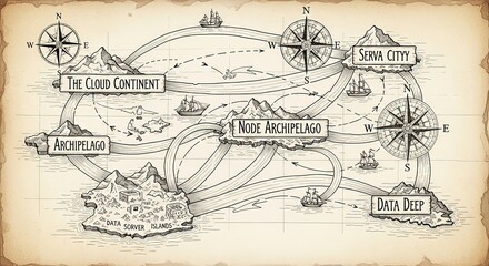  Explore a vintage style fantasy map featuring islands, ships, and compasses for storytelling projects