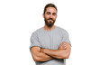 © siam - A handsome man with a beard and short brown hair, wearing a grey tshirt, stands with his arms crossed and smiles confidently, isolated on transparent background