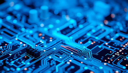 Abstract digital circuit board on an electric blue technological background. Circuit board with connected lines and dots on an abstract digital motherboard. Generative AI