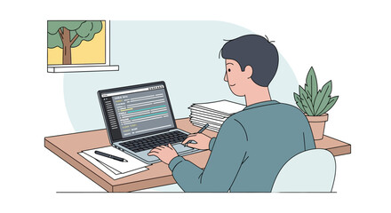 Focused person diligently programming or working on digital tasks at a laptop. This scene represents modern remote work, online learning, and technological skill development