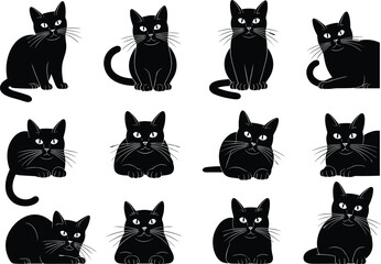 Naklejka na meble Black cat silhouette vector set, spooky feline poses, Halloween animal clipart, eerie pet icons, isolated black cats, whiskers, tail, eyes