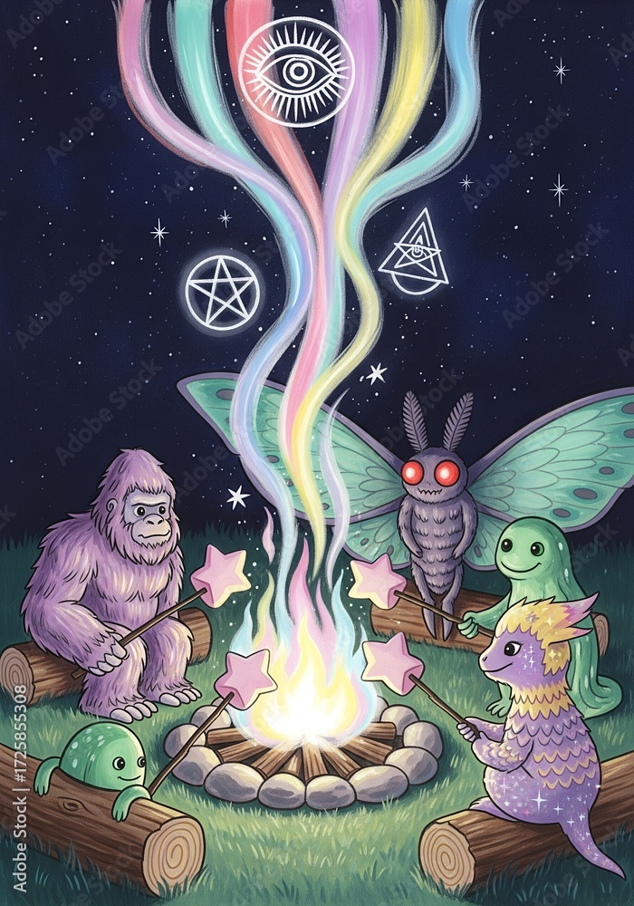 Cryptids around campfire at night with rainbow smoke and occult symbols ...