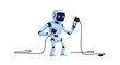 © Wieslaw - A small light blue robot is trying to plug in a cord.