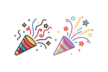 Two colorful party poppers exploding with confetti and streamers celebrating a festive event