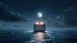 © jonny - A large cargo ship glides through the moonlit ocean at night, illuminated by its cargo lights.